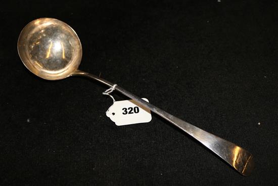 George III Old English pattern silver ladle, crested, London 1795, Peter & Ann Bateman